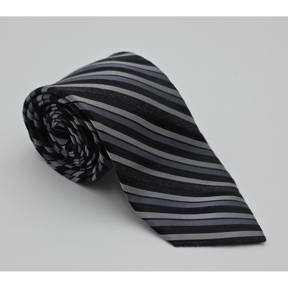 Calvin Klein Mens Silk Blend‎ Striped Necktie Black Grey Silver Formal